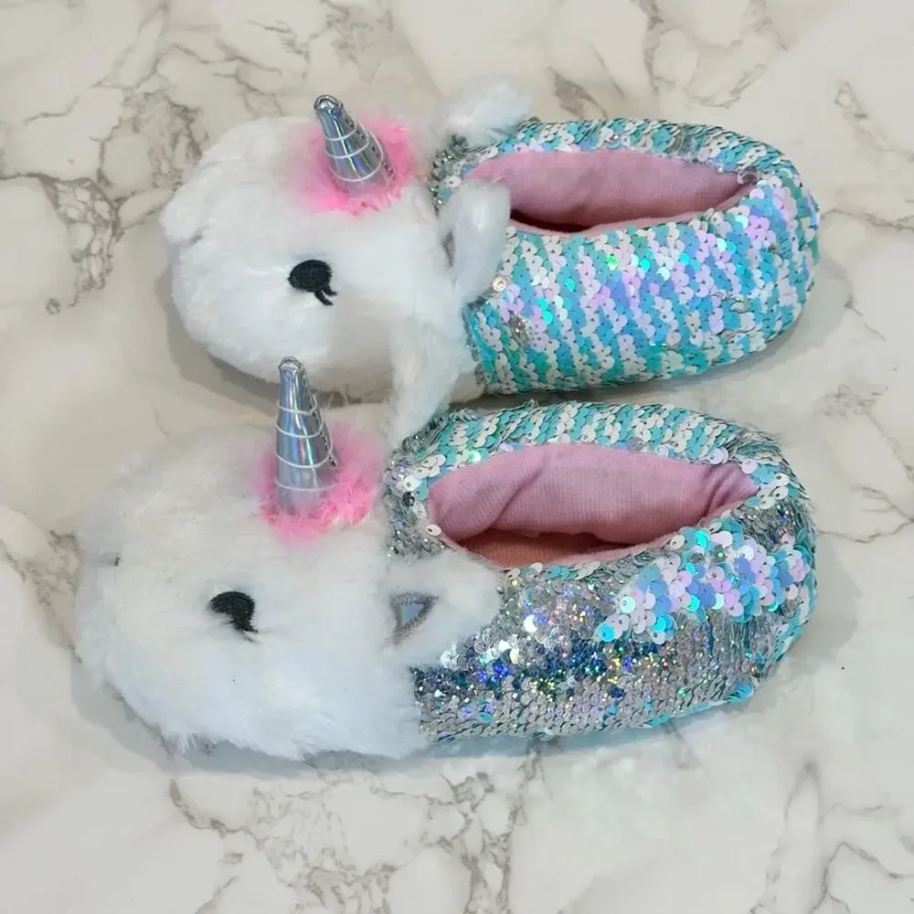 Capelli New York Little Girls Sequin Unicorn Slippers Size 1-2